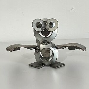 Handmade Metal Owl Figurine Sculpture Desk Shelf Decor Unique Recycled Art